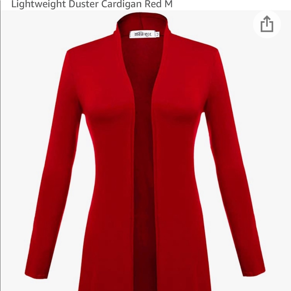 Red cardigan long to knees.